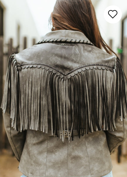 Black/Gray Worn Leather Jacket Hand Stitched Fringe Jacke