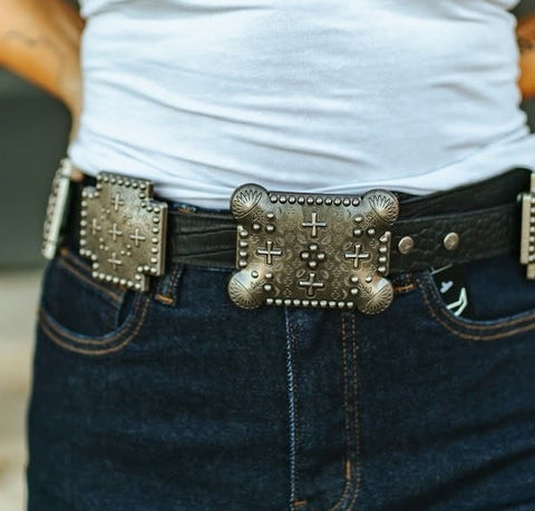 Black Gator Genuine Leather Cross Concho Belt