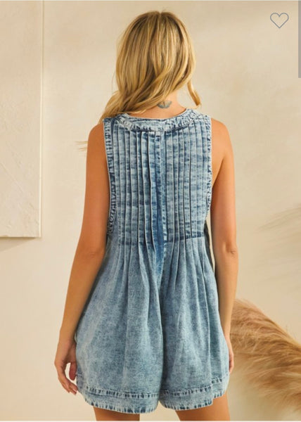 Pleated Rhinestone Denim Romper - Med wash
