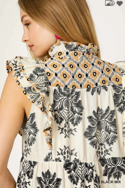 Ruffle Sleeve Mixed Print Midi Dress - Black Mix