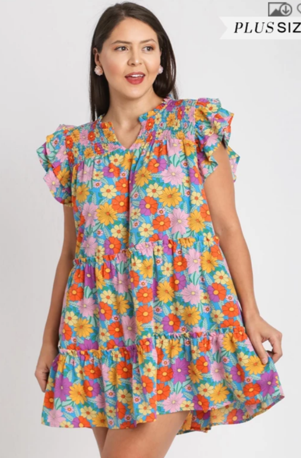 Plus Size - V-Notched Floral Print Dress with Double Layered Ruffle Sleeves - Aqua Mix