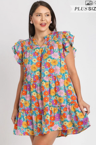 Plus Size - V-Notched Floral Print Dress with Double Layered Ruffle Sleeves - Aqua Mix