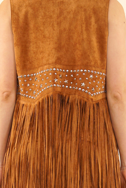 Suede Silver Studded Fringe Vest - Brown