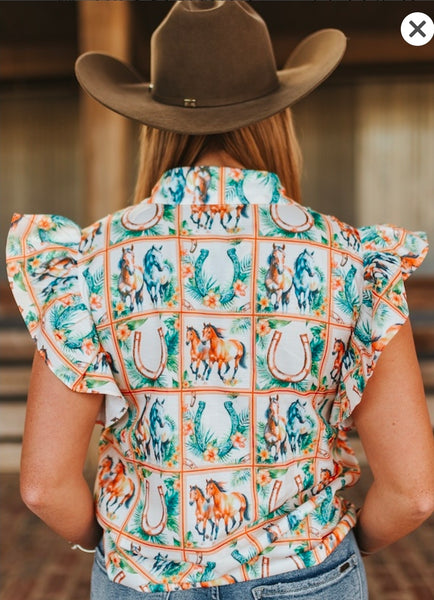 Horse Printed Collared Button Down Ruffle Short Sleeve Top
