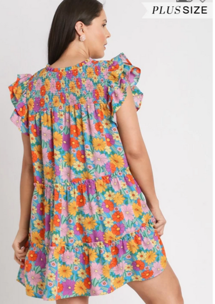 Plus Size - V-Notched Floral Print Dress with Double Layered Ruffle Sleeves - Aqua Mix