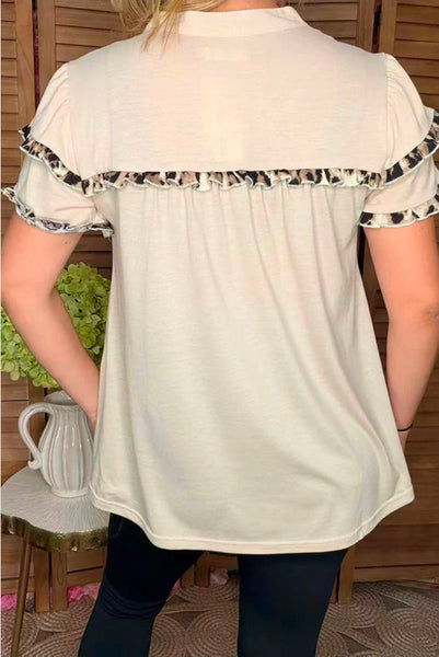 Beige & Leopard Printed Double Ruffle Short Sleeve
