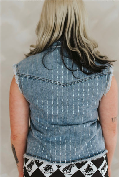 Mid Wash Stretch Denim Rhinestone Detail Concho Button Down Sleeveless Shirt