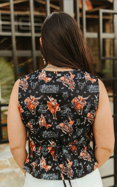 Bronco Western Printed Button Down Vest Tie Back