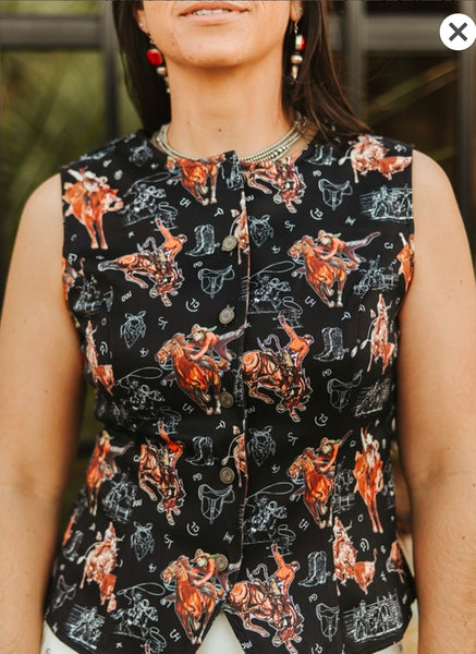 Bronco Western Printed Button Down Vest Tie Back