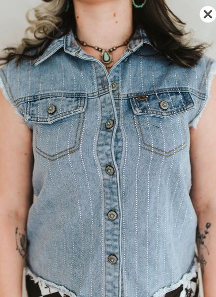 Mid Wash Stretch Denim Rhinestone Detail Concho Button Down Sleeveless Shirt