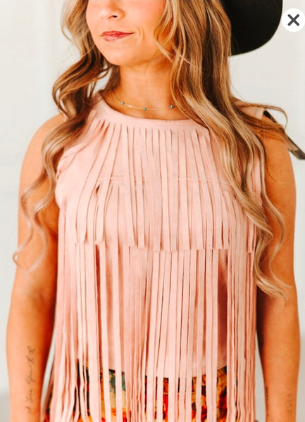 Soft Pink Stretch Suede Fringe Tier Sleeveless Top