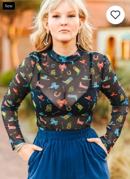 Navy Colorful Western Printed Long Sleeve Mesh Tops