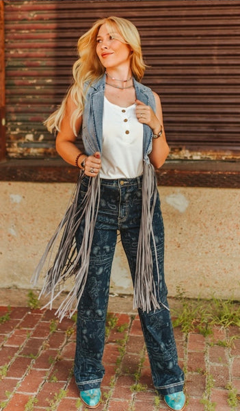 Stone Wash Denim Fringe Denim Vest
