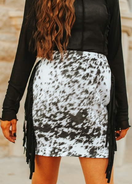 Black Cow Hide Printed Suede Fringe Skirt