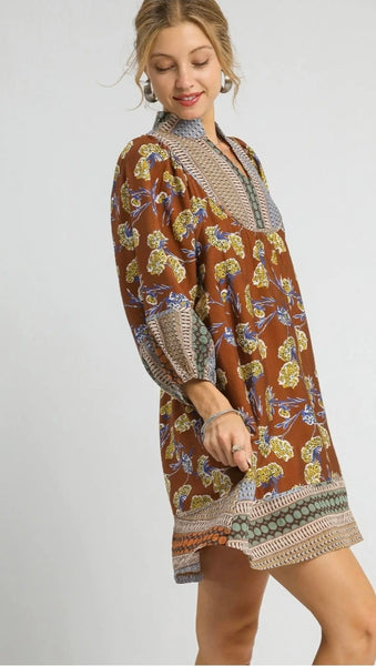 Boarder Print Tunic Dress - Sepia