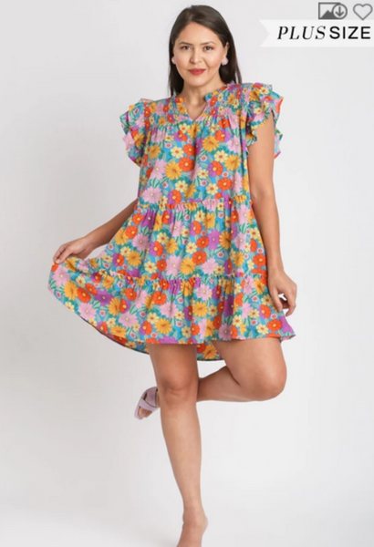 Plus Size - V-Notched Floral Print Dress with Double Layered Ruffle Sleeves - Aqua Mix