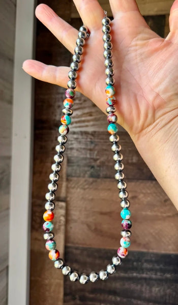 Mohave Turquoise Mix & Sterling Silver Necklace – 8 mm Beads – 19 Inch + Extender