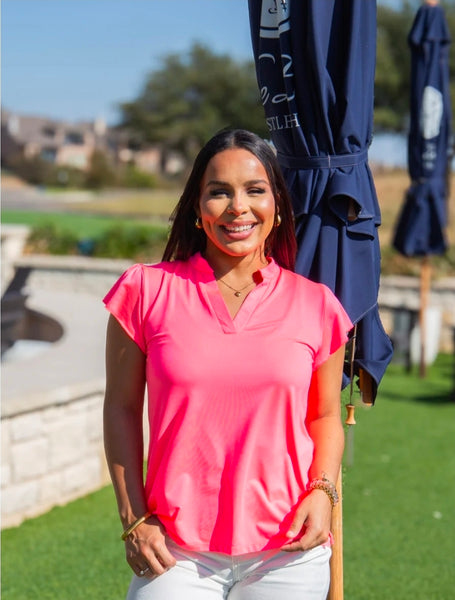 The Nicole Vneck Top  - Neon Pink