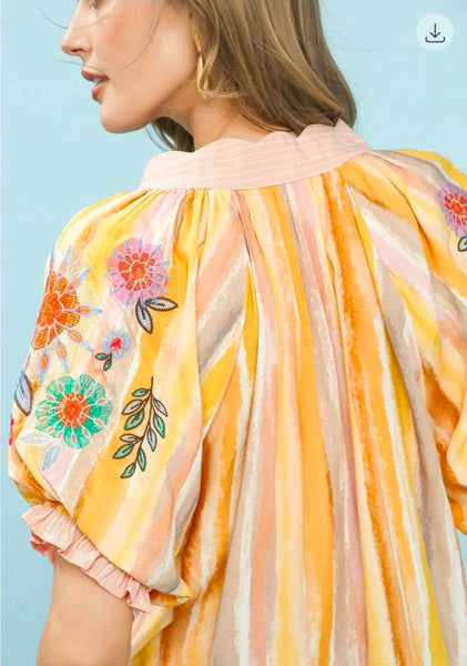 Embroidered Puff Sleeve Striped V-Neck Boho Blouse - Honey Mix