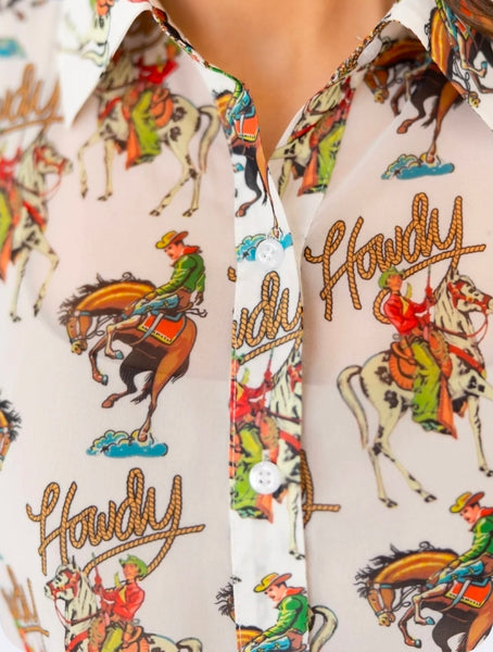 Ivory Howdy Western Print Button-Up Blouse