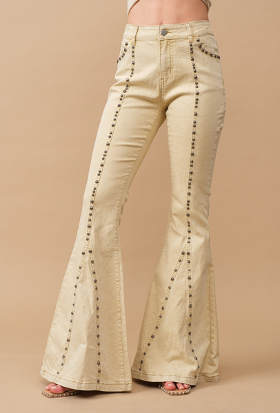 Antique Gold Metal Studs Flared Jeans