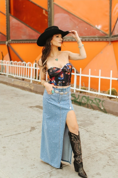 Denim Stretch Rhinestone Maxi Skirt W Curved High Slit