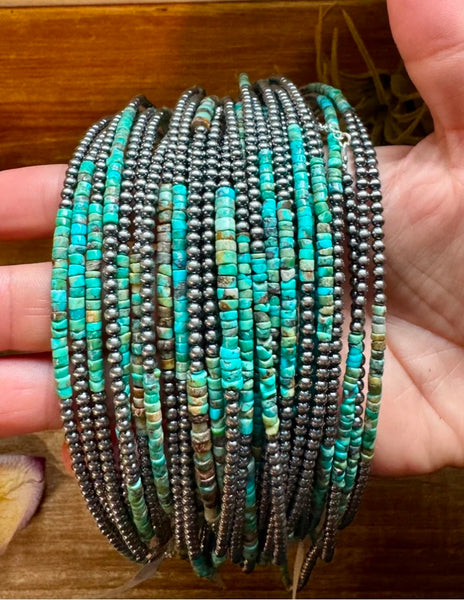 Blue Turquoise Heishi & Sterling Silver Pearl Necklace – 3mm – 18.5"