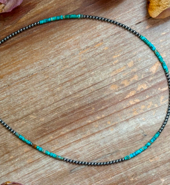 Blue Turquoise Heishi & Sterling Silver Pearl Necklace – 3mm – 18.5"