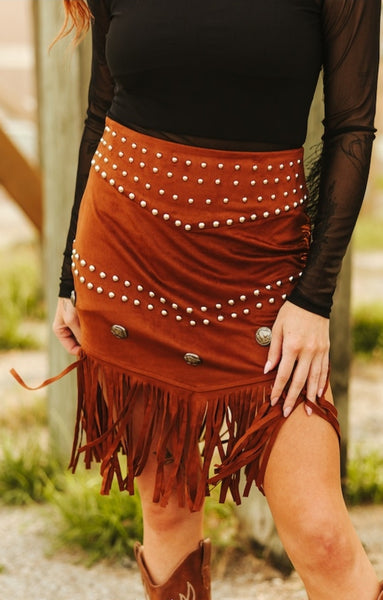 Camel Stretch Suede Fringe Hem Studded Concho Skirt