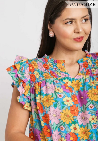 Plus Size - V-Notched Floral Print Dress with Double Layered Ruffle Sleeves - Aqua Mix