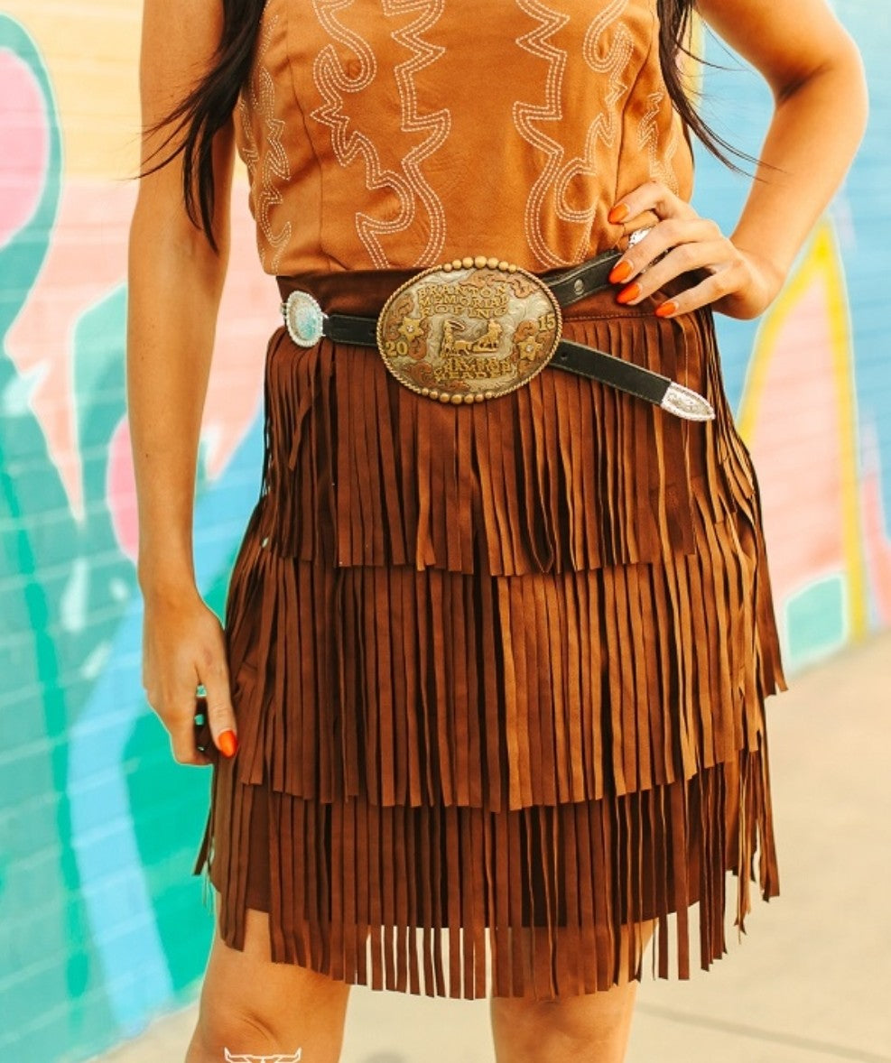 Brown Suede Stretch Fringe Tier Skirt