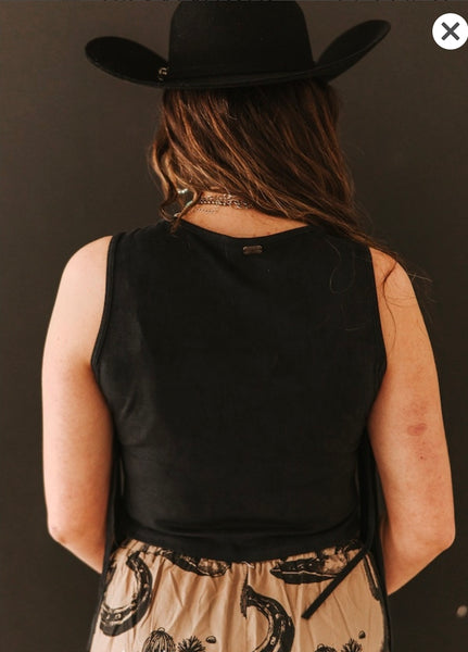 Black Stretch Suede Fringe Tier Sleeveless Top