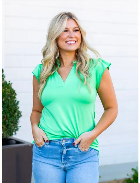 The Nicole Vneck Top  - Lime Green