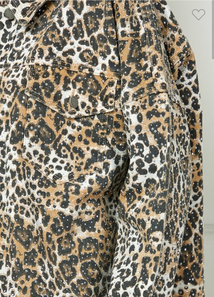 Sparkling Rhinestone Denim Jacket- Leopard