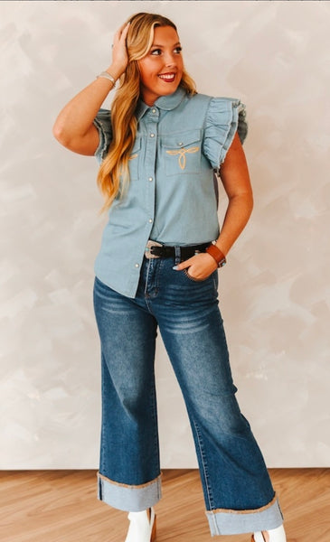 Mid Wash High Rise Stretch Denim Western Stitch Wide Leg Jeans (28in Inseam After Cuff)