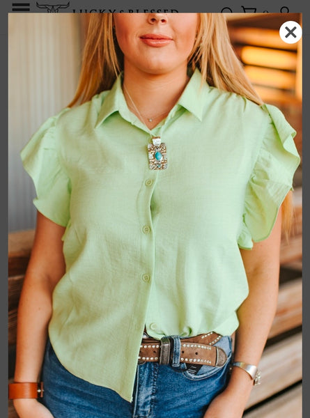 Pistachio Collared Button Down Ruffle Short Sleeve Top