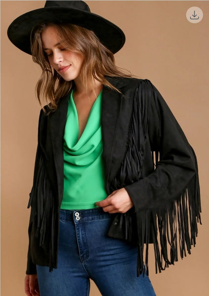 Suede Fringe Snap Button Jacket & Side Pockets