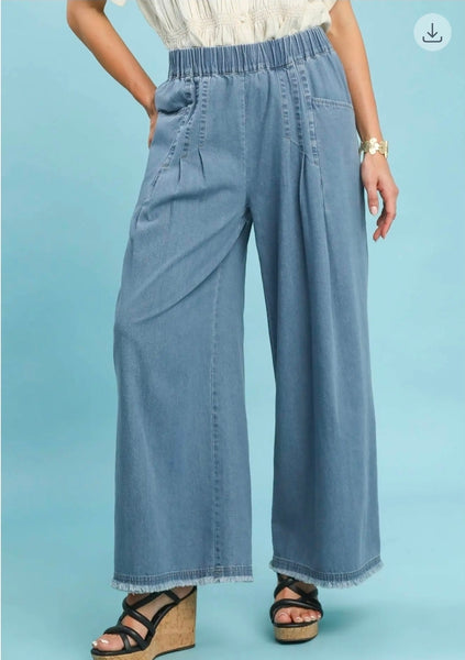 Stone Washed Wide Leg Pants - Lt. Denim