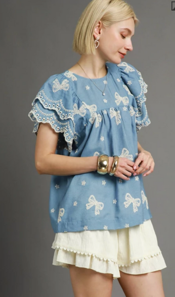 Vintage Charm Embroidered Denim Top - Light Denim