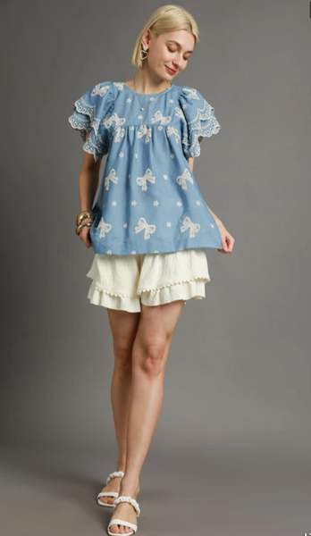 Vintage Charm Embroidered Denim Top - Light Denim