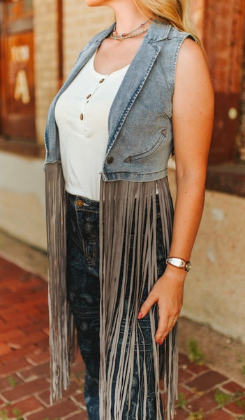 Stone Wash Denim Fringe Denim Vest