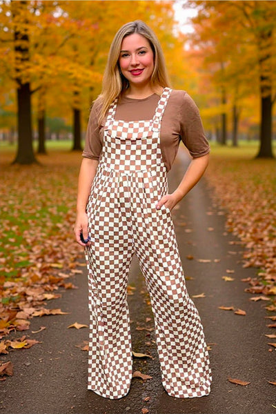 Brown White Checker One Piece Casual Women Jumpsuit