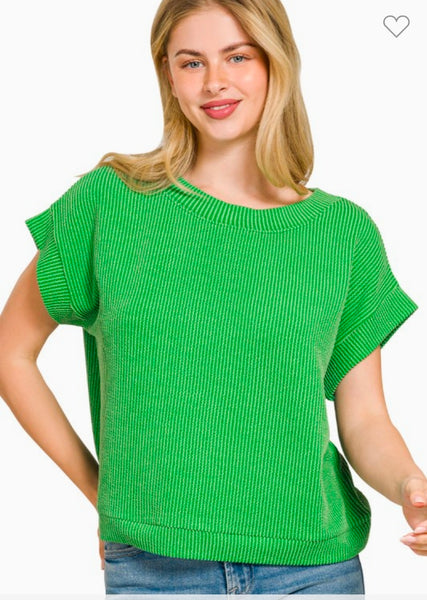 Ribbed Cap Sleeve Top- Kelly Green