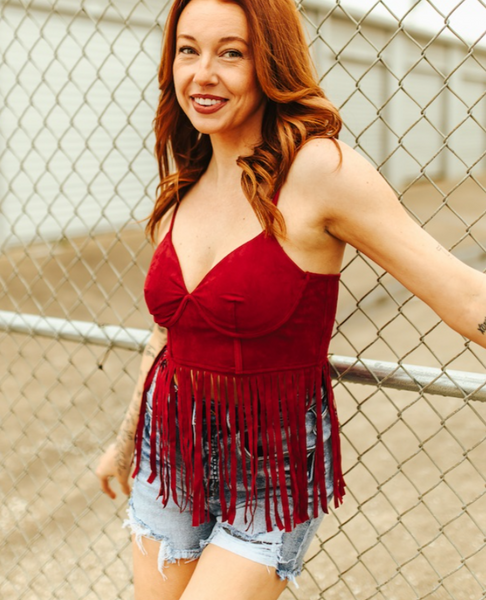 Red Stretch Suede Corset Fringe Hem Top