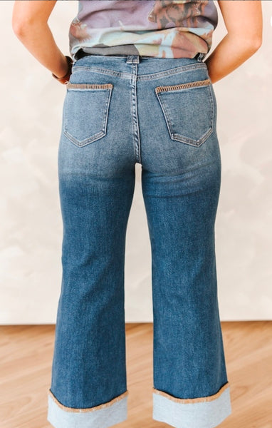 Mid Wash High Rise Stretch Denim Western Stitch Wide Leg Jeans (28in Inseam After Cuff)