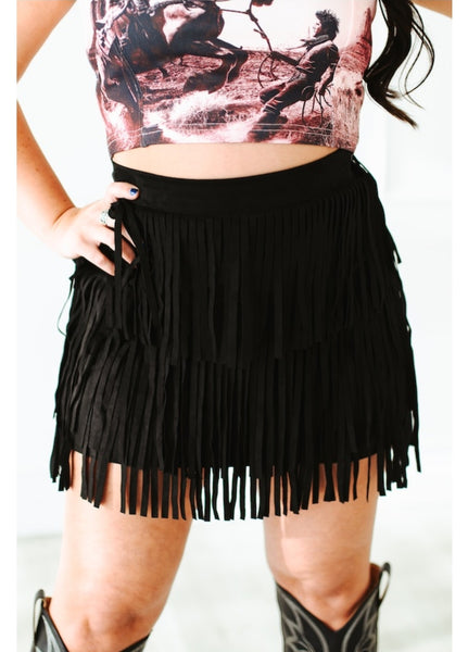 Black Suede Stretch Fringe Tier Skirt