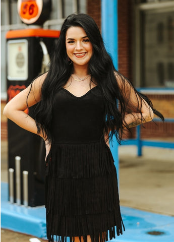 Black Stretch Suede Fringe Tier Dress