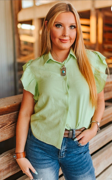 Pistachio Collared Button Down Ruffle Short Sleeve Top