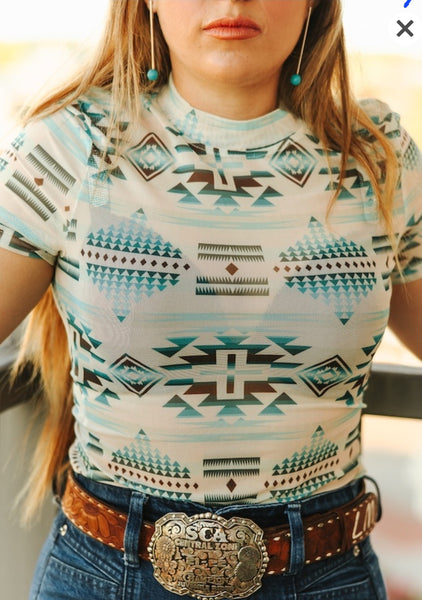 Ivory Aztec Short Sleeve Mesh Top