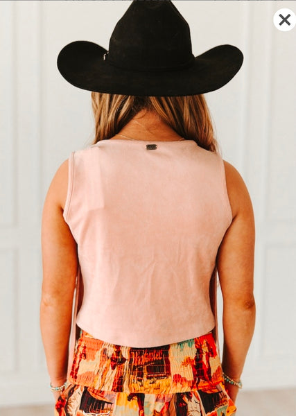 Soft Pink Stretch Suede Fringe Tier Sleeveless Top